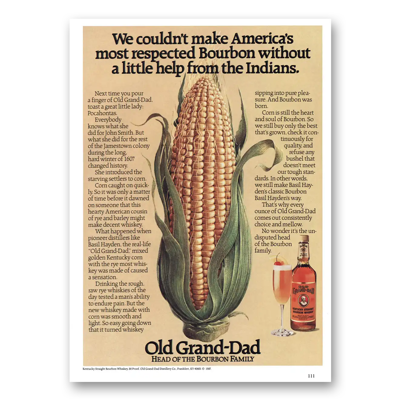 1987 Old Grand-Dad Bourbon Whiskey Little Help From the Indians Vintage Magazine Print Ad