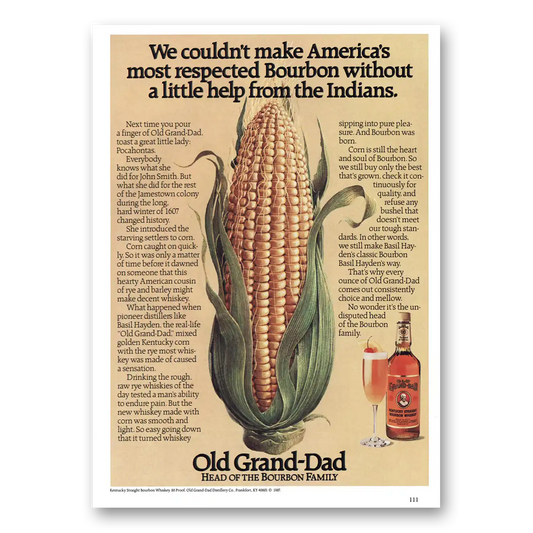 1987 Old Grand-Dad Bourbon Whiskey Little Help From the Indians Vintage Magazine Print Ad