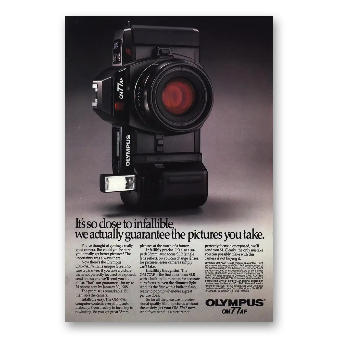 1987 Olympus Camera OM 77AF Camera So Close to Infallible Vintage Magazine Print Ad