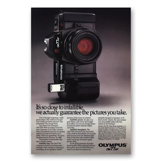 1987 Olympus Camera OM 77AF Camera So Close to Infallible Vintage Magazine Print Ad