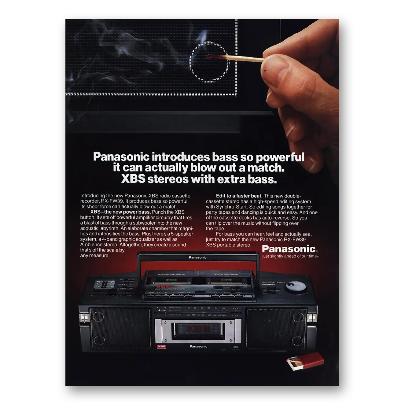 1987 Panasonic Stereo Can Actually Blow Out a Match Extra Bass Vintage Magazine Print Ad