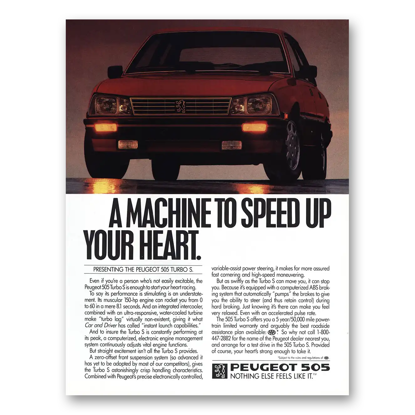 1987 Peugeot 505 Turbo S Machine to Speed Up Your Heart Vintage Magazine Print Ad