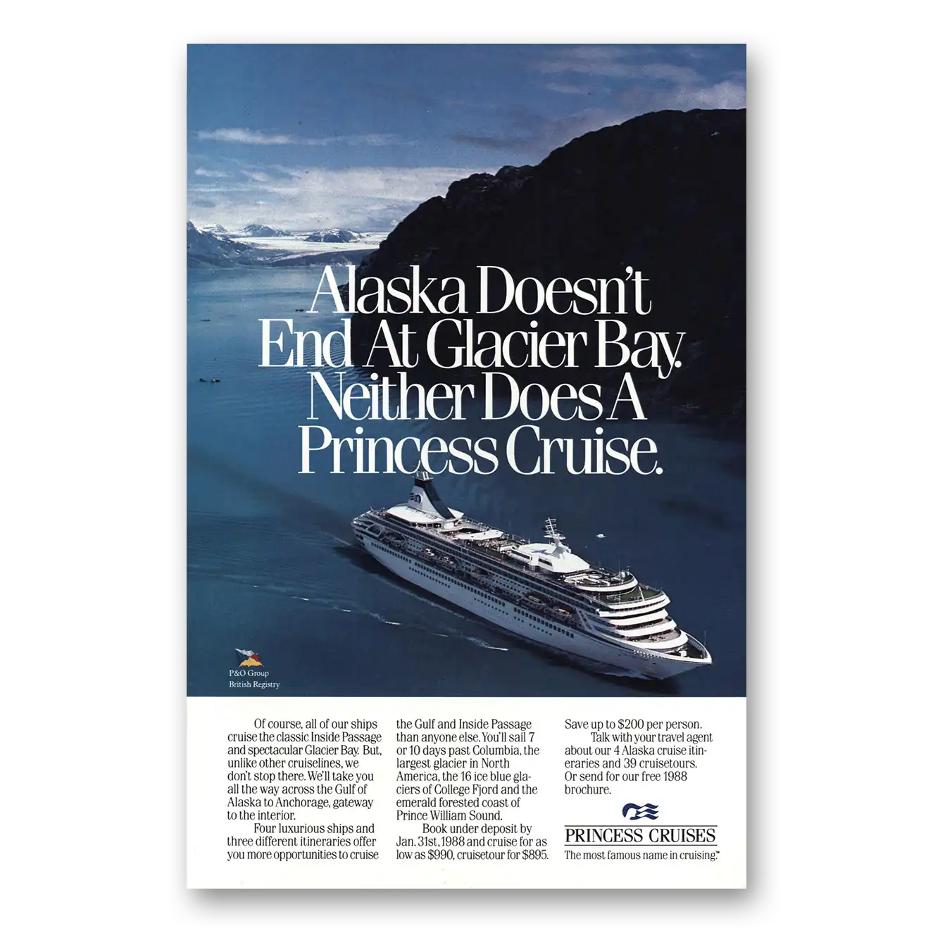 1987 Princess Cruises Alaska Doesn’t End at Glacier Bay Vintage Magazine Print Ad