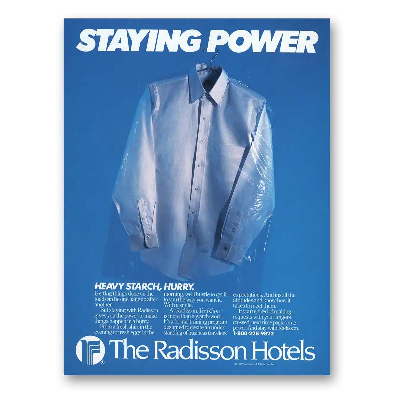 1987 Radisson Hotels Staying Power Shirt Vintage Magazine Print Ad