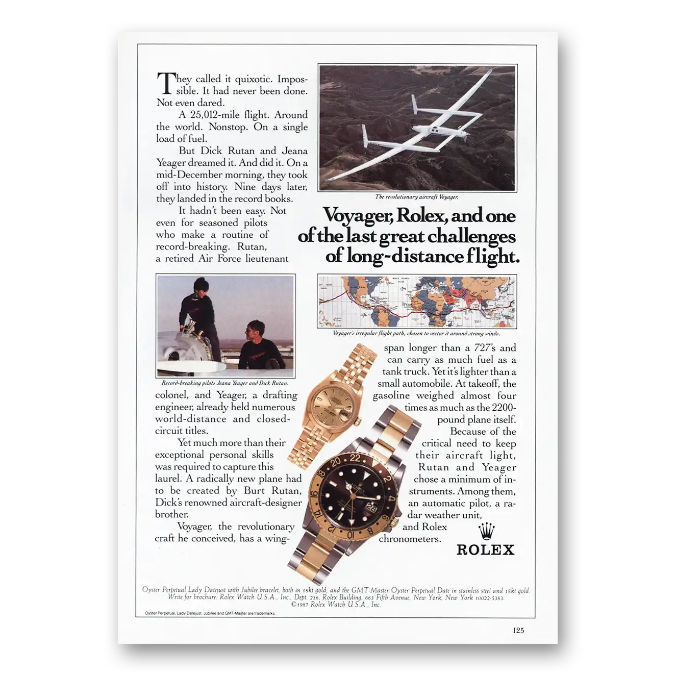 1987 Rolex Voyager Long Distance Flight Dick Rutan Vintage Magazine Print Ad