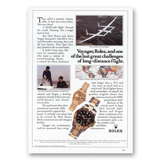 1987 Rolex Voyager Long Distance Flight Dick Rutan Vintage Magazine Print Ad