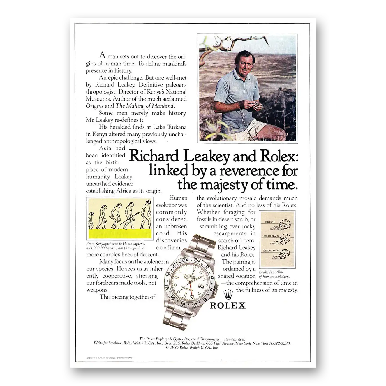 1987 Rolex Richard Leakey Reverence for the Majesty of Time Vintage Magazine Print Ad