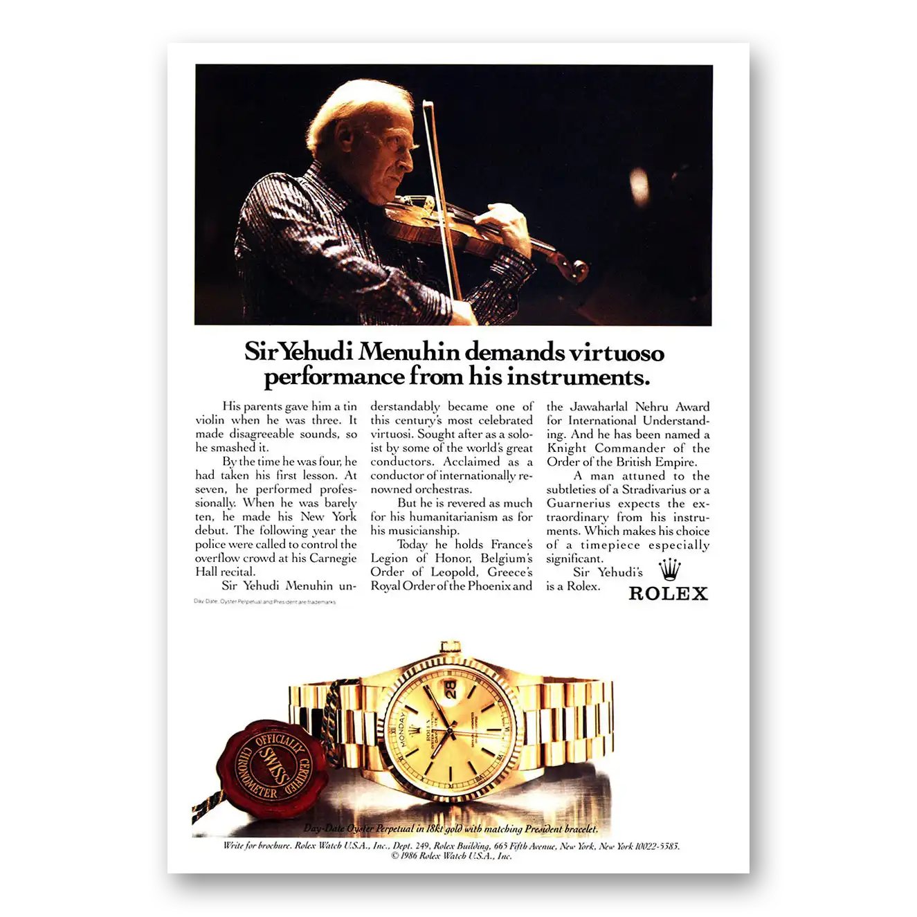 1987 Rolex Sir Yehudi Menuhin Vintage Magazine Print Ad