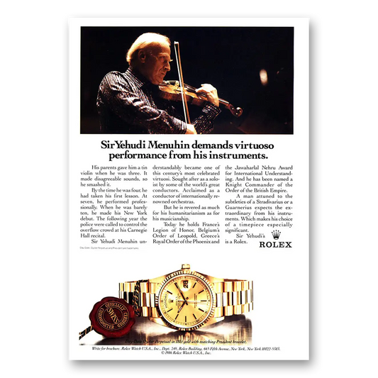 1987 Rolex Sir Yehudi Menuhin Vintage Magazine Print Ad