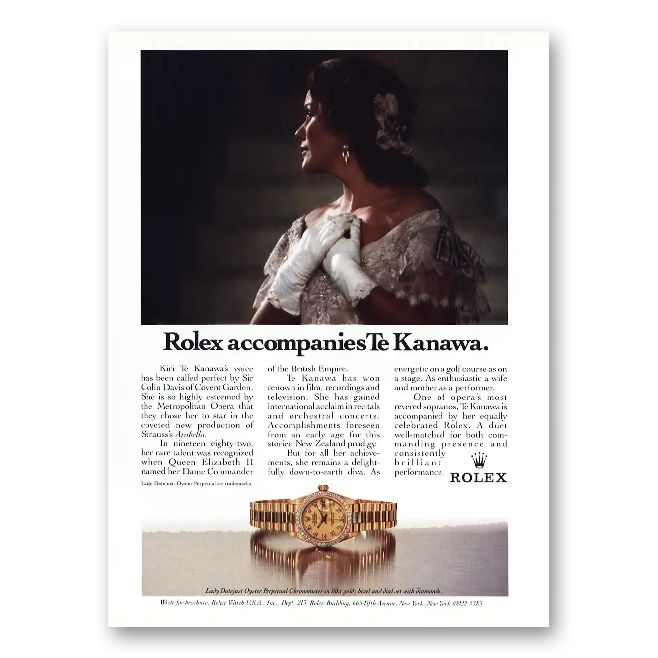 1987 Rolex Accompanies Te Kanawa Vintage Magazine Print Ad