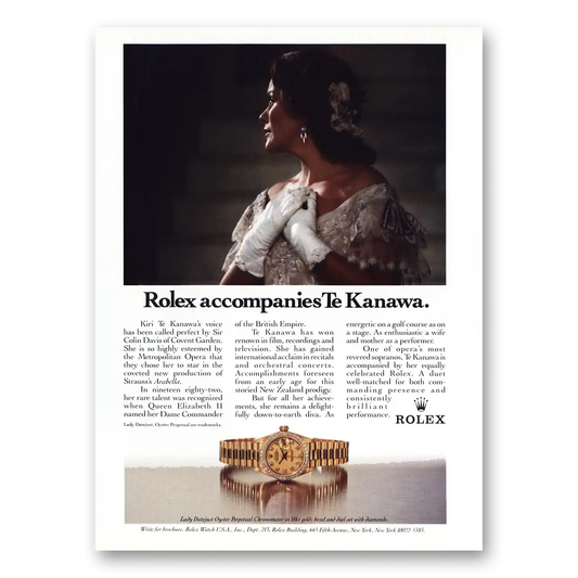 1987 Rolex Accompanies Te Kanawa Vintage Magazine Print Ad