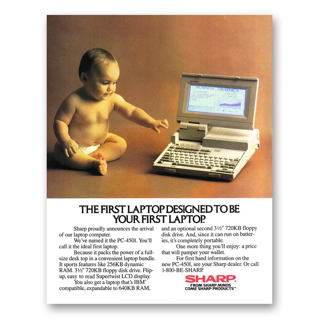 1987 Sharp Laptop Computer First Laptop Designed to Be Your First Laptop Vintage Magazine Print Ad