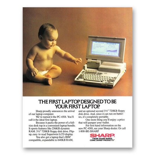 1987 Sharp Laptop Computer First Laptop Designed to Be Your First Laptop Vintage Magazine Print Ad