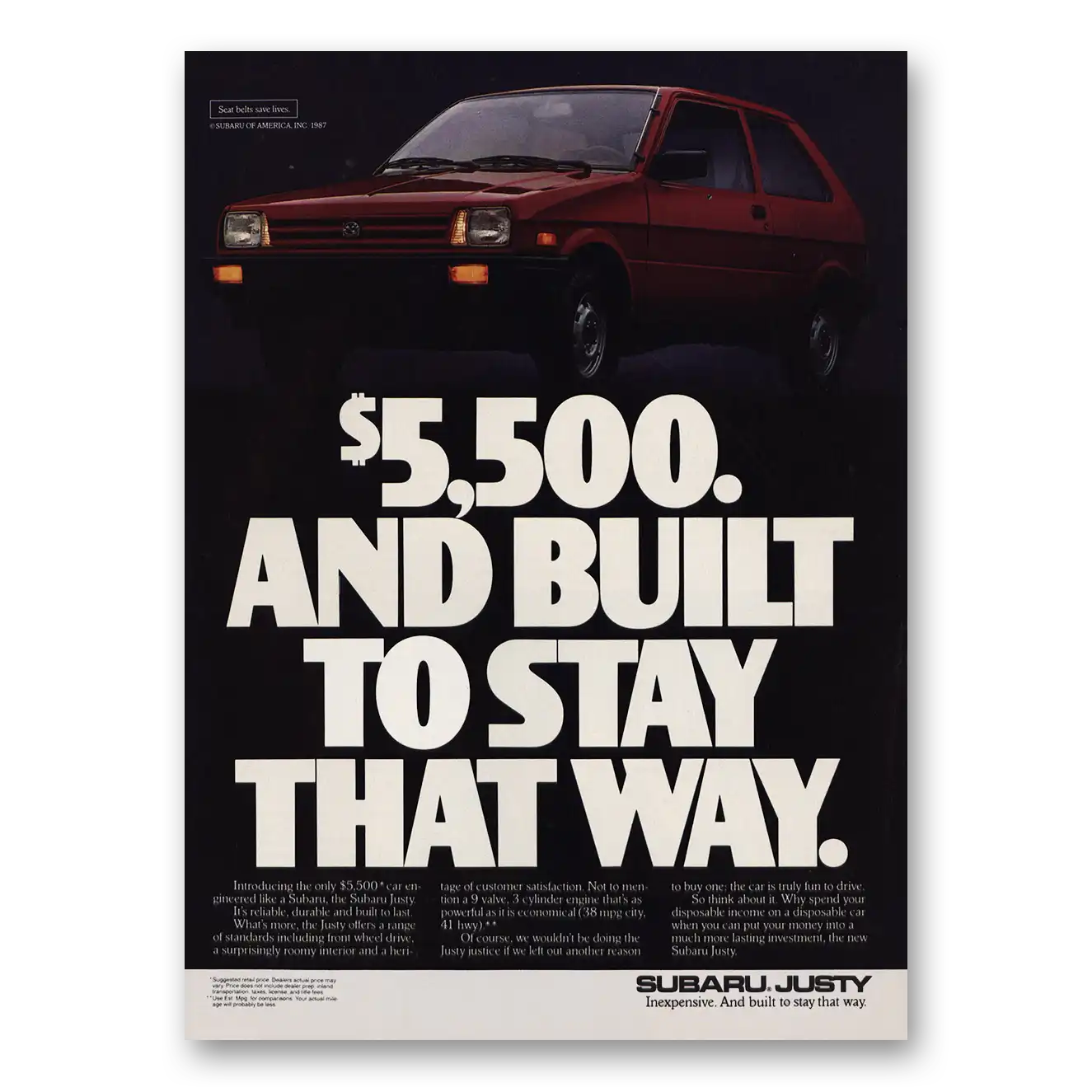 1987 Subaru Justy Built To Stay That Way Vintage Magazine Print Ad