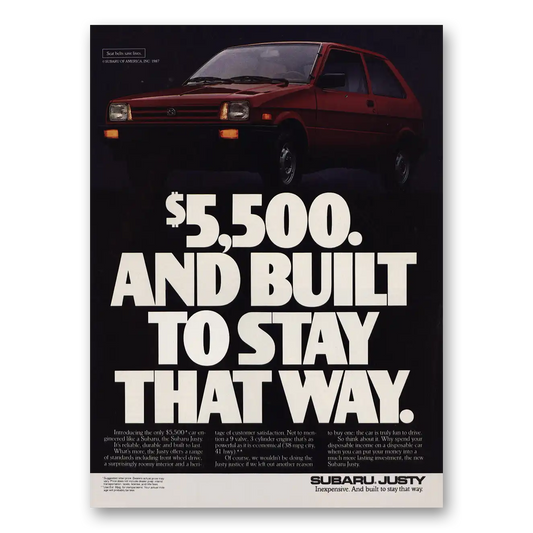 1987 Subaru Justy Built To Stay That Way Vintage Magazine Print Ad