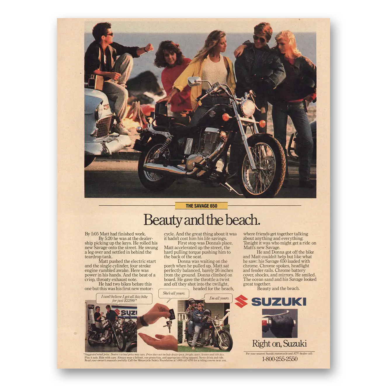 1987 Suzuki Motorcycles Savage 650 Beauty and the Beach Vintage Magazine Print Ad