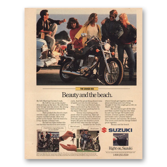 1987 Suzuki Motorcycles Savage 650 Beauty and the Beach Vintage Magazine Print Ad