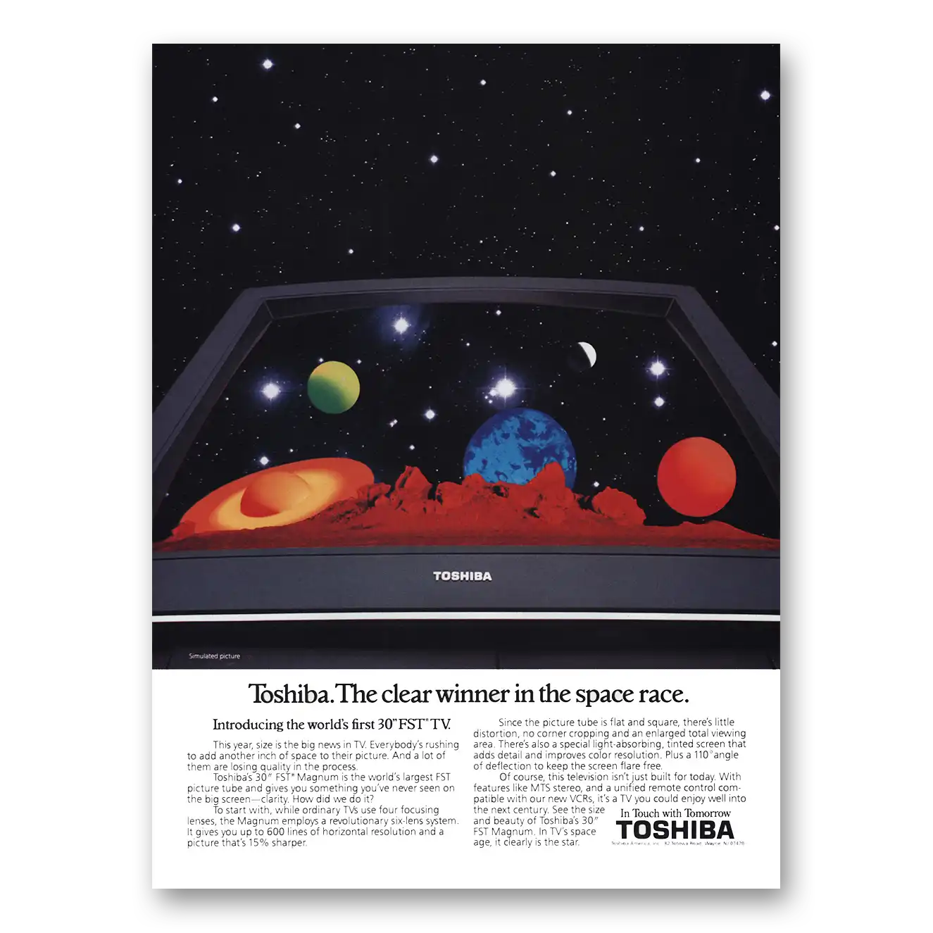 1987 Toshiba Televisions Clear Winner In the Space Race Vintage Magazine Print Ad