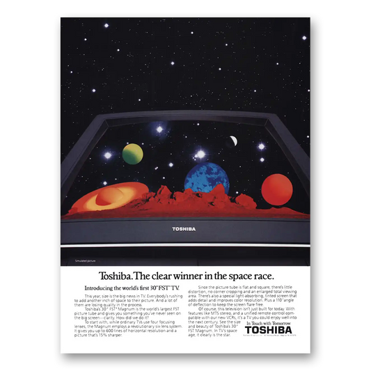 1987 Toshiba Televisions Clear Winner In the Space Race Vintage Magazine Print Ad