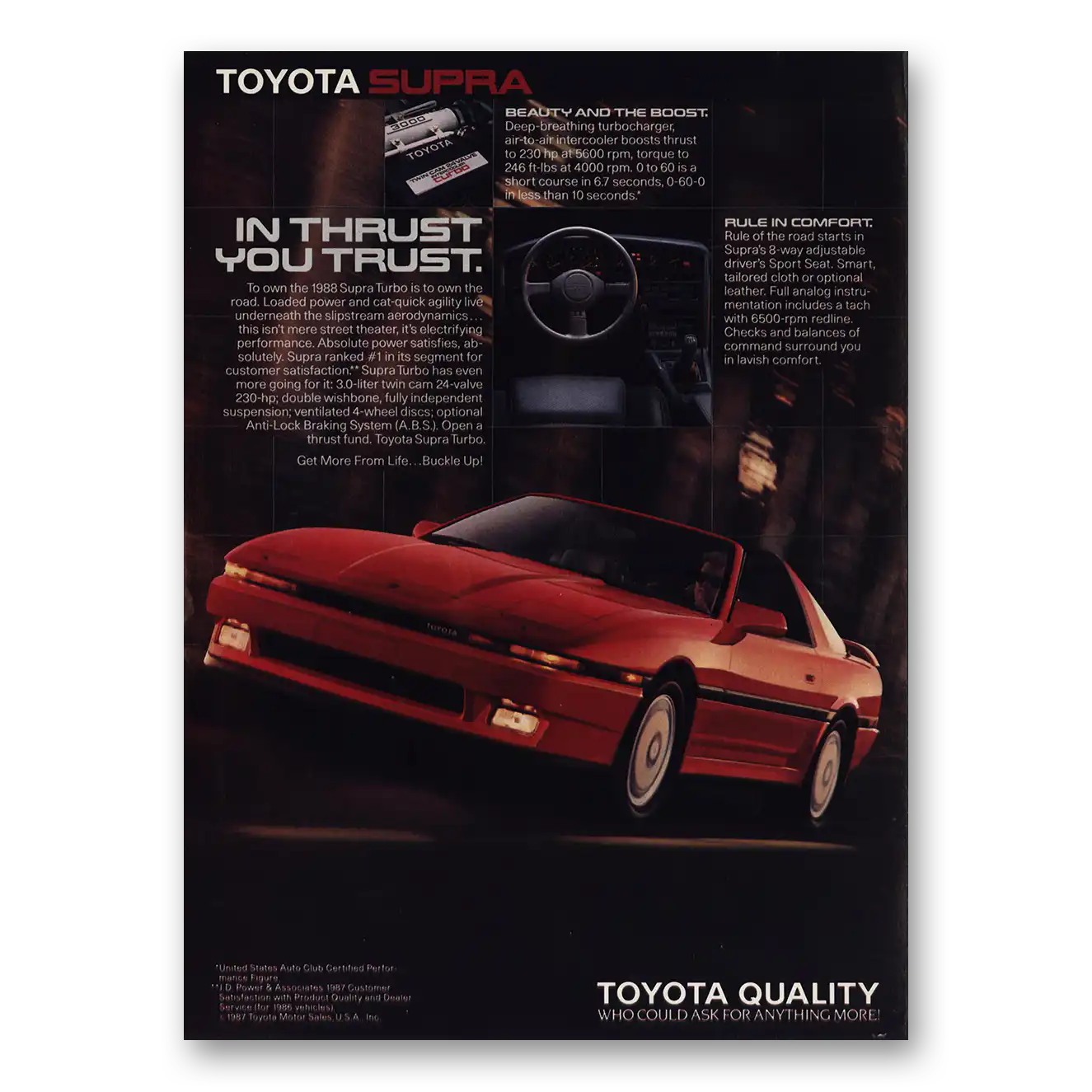 1987 Toyota Supra Thrust You Trust Vintage Magazine Print Ad