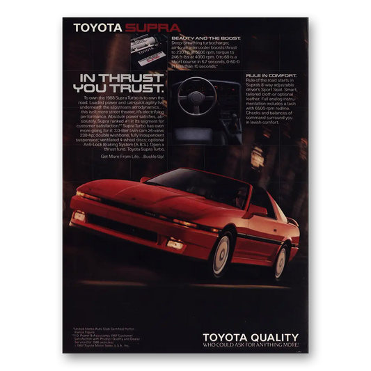 1987 Toyota Supra Thrust You Trust Vintage Magazine Print Ad