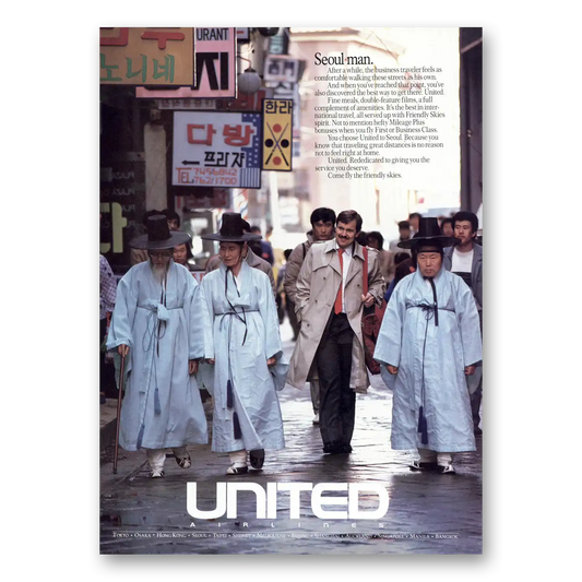 1987 United Airlines Seoul Man Vintage Magazine Print Ad