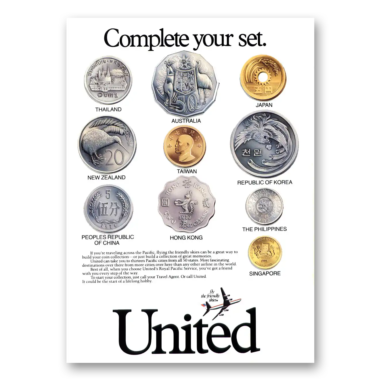 1987 United Airlines Complete Your Set Coins Vintage Magazine Print Ad