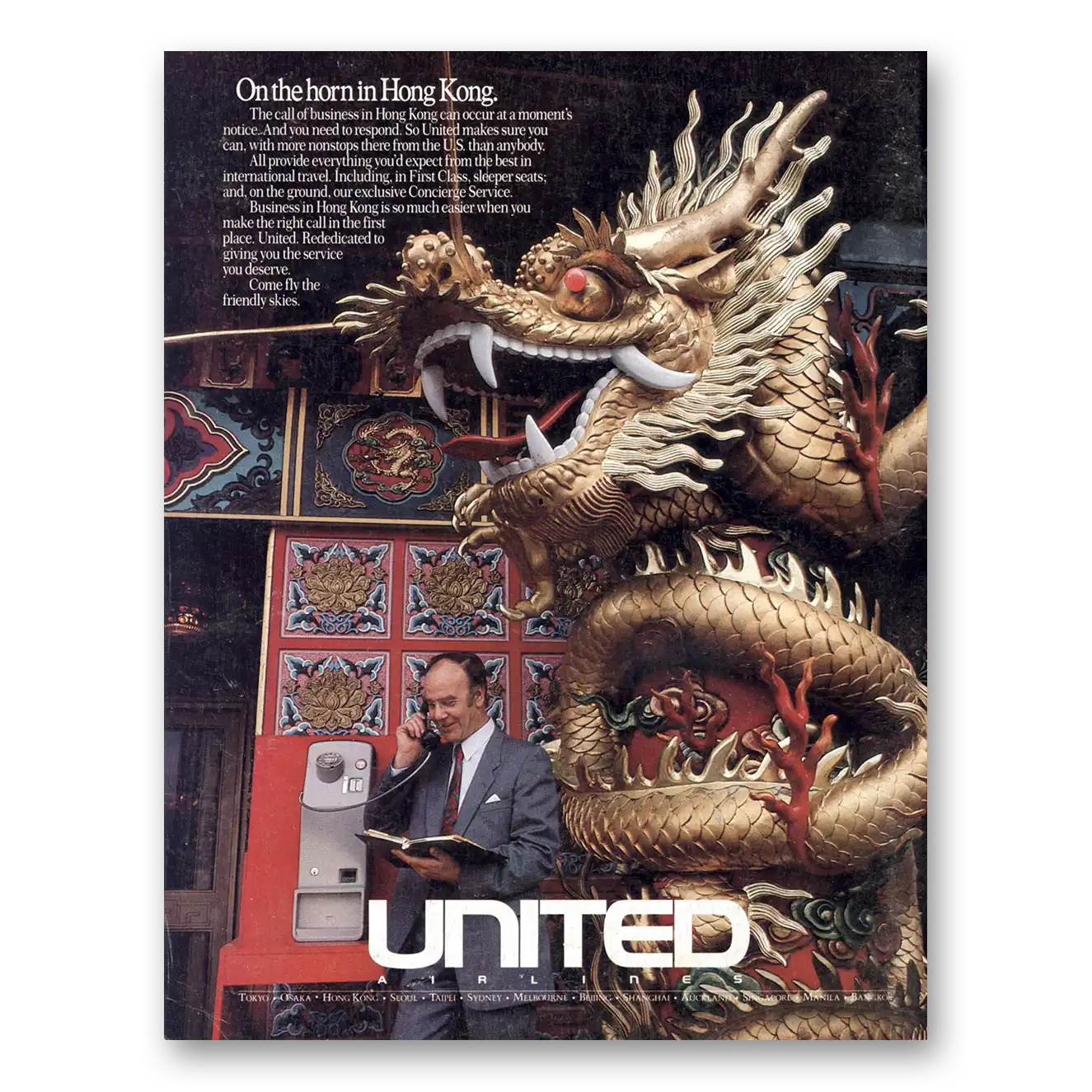 1987 United Airlines On the Horn in Hong Kong Vintage Magazine Print Ad