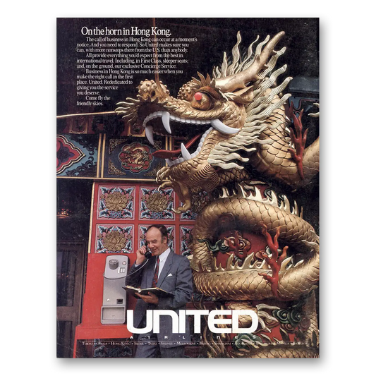 1987 United Airlines On the Horn in Hong Kong Vintage Magazine Print Ad