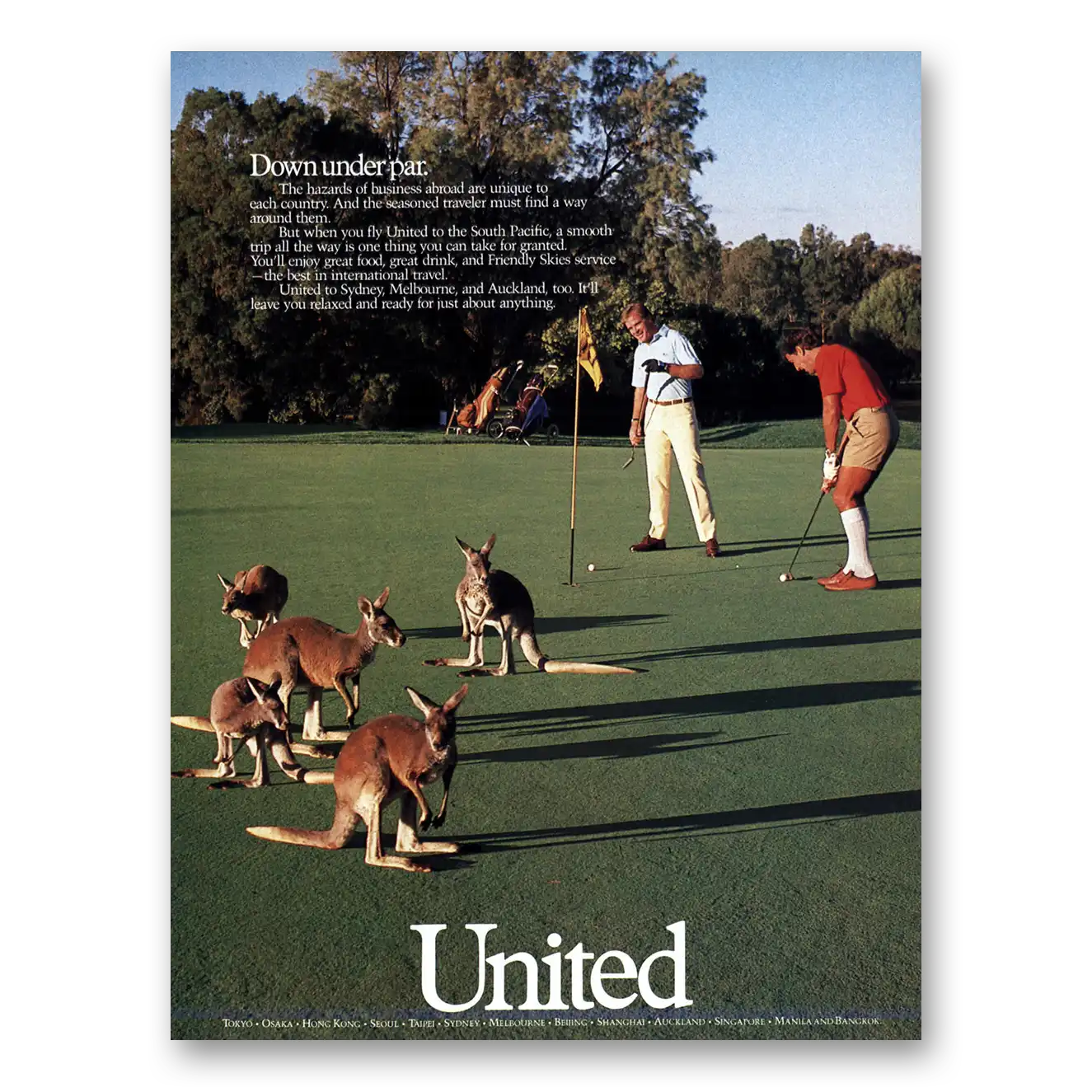 1987 United Airlines Down Under Par Kangaroos Vintage Magazine Print Ad