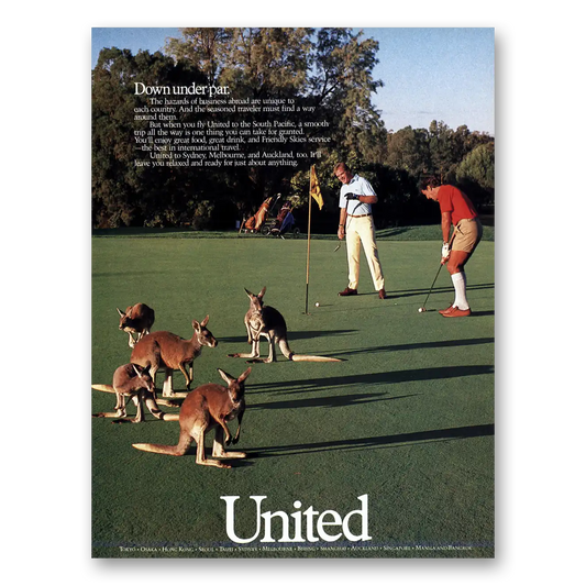 1987 United Airlines Down Under Par Kangaroos Vintage Magazine Print Ad