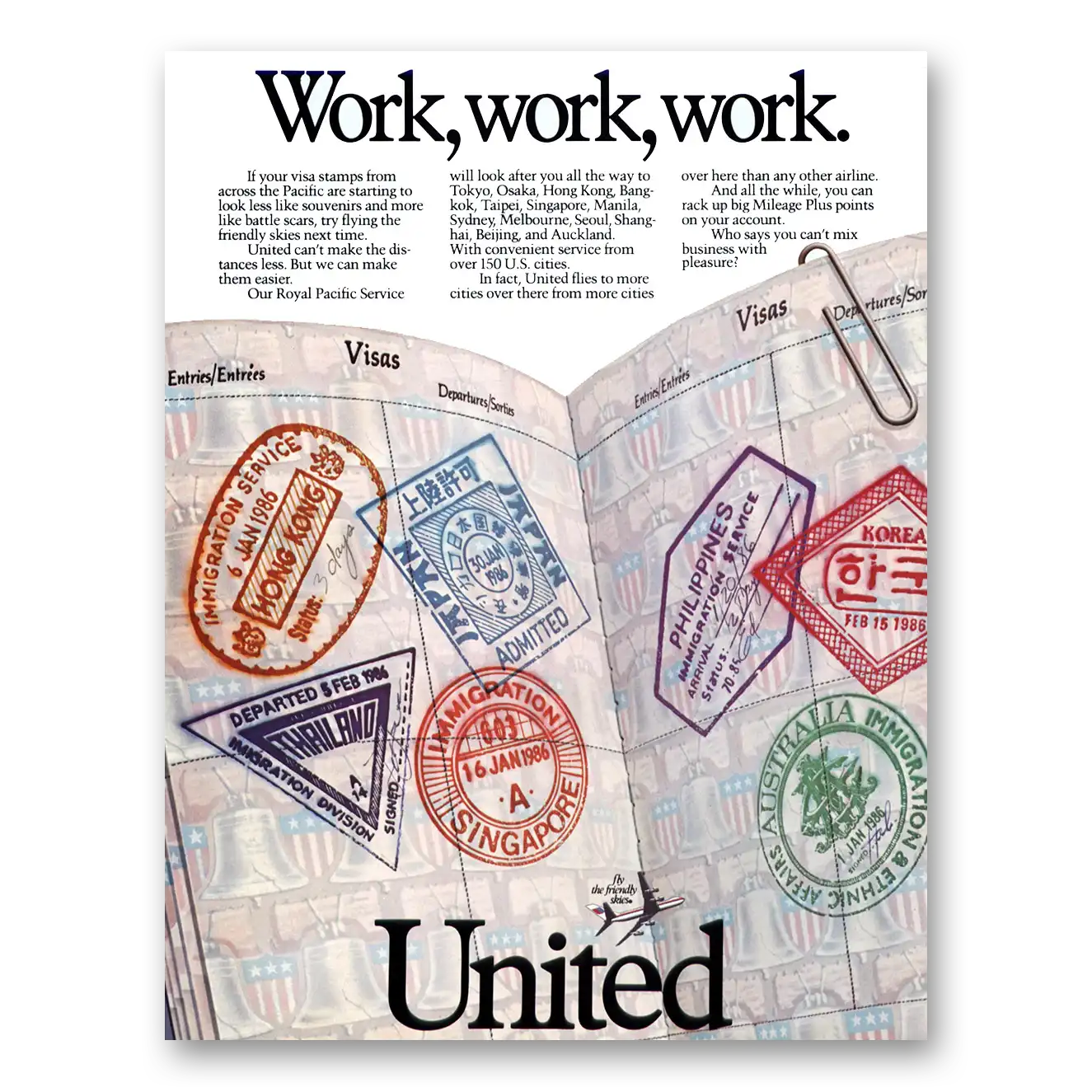 1987 United Airlines Work Visa Stamps Vintage Magazine Print Ad