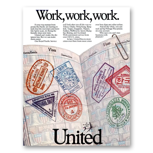 1987 United Airlines Work Visa Stamps Vintage Magazine Print Ad