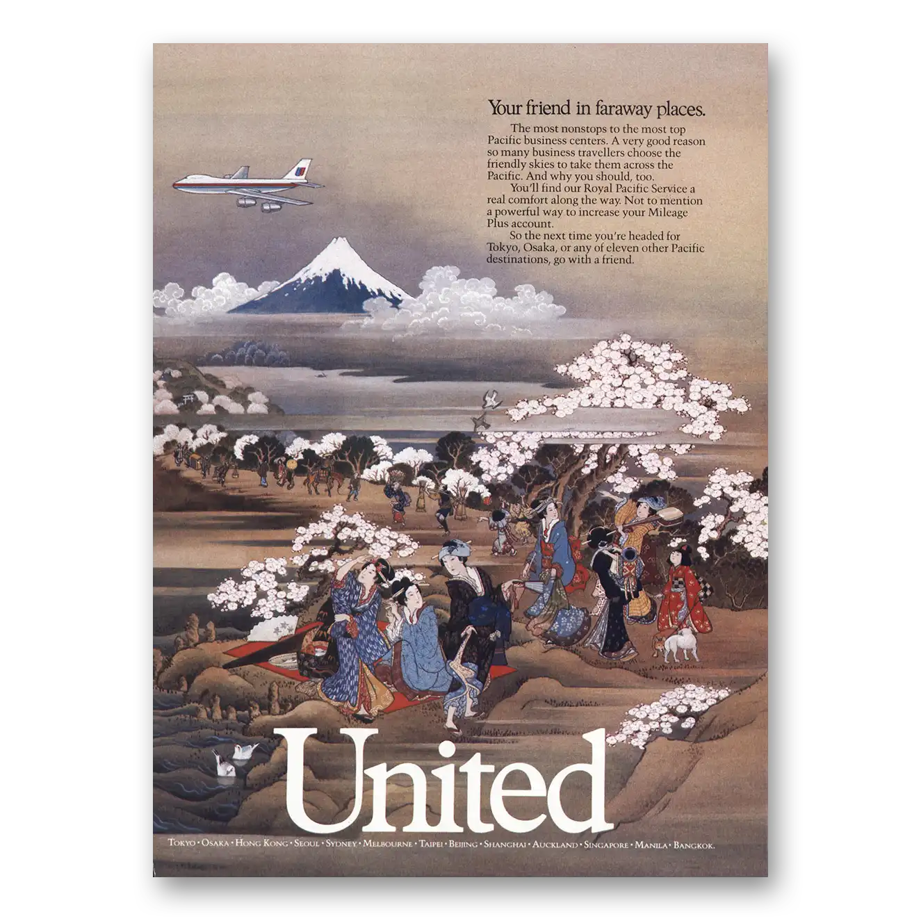 1987 United Airlines Royal Pacific Service Vintage Magazine Print Ad