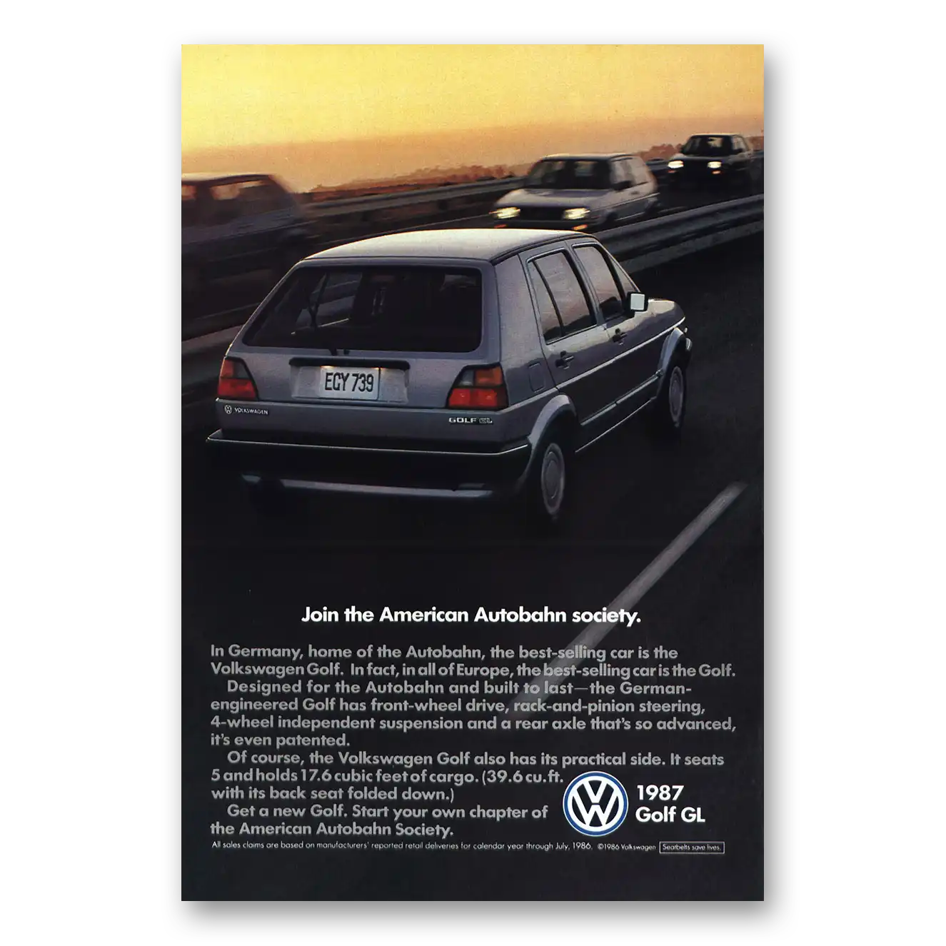 1987 Volkswagen Golf American Autobahn Society Vintage Magazine Print Ad