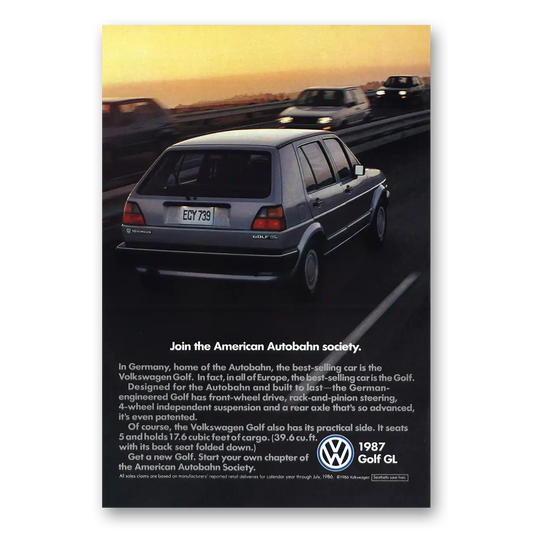 1987 Volkswagen Golf American Autobahn Society Vintage Magazine Print Ad