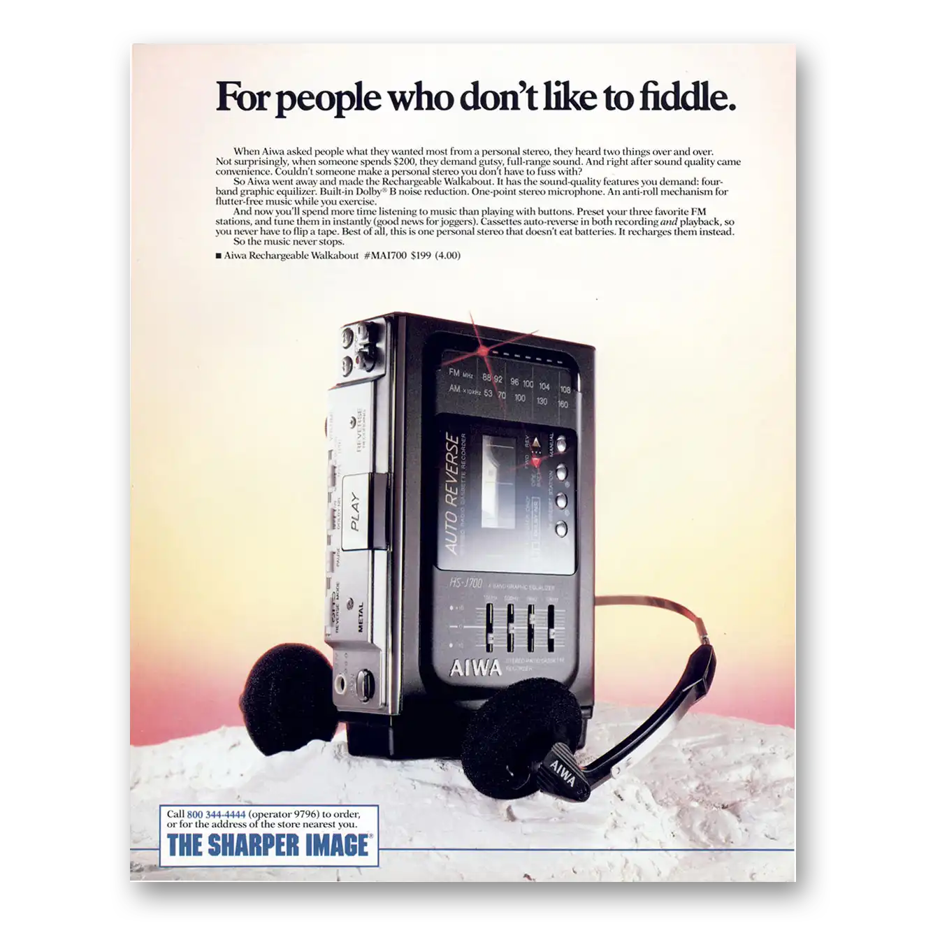 1988 Aiwa Personal Stereo For People Who Don't Like to Fiddle Vintage Magazine Print Ad