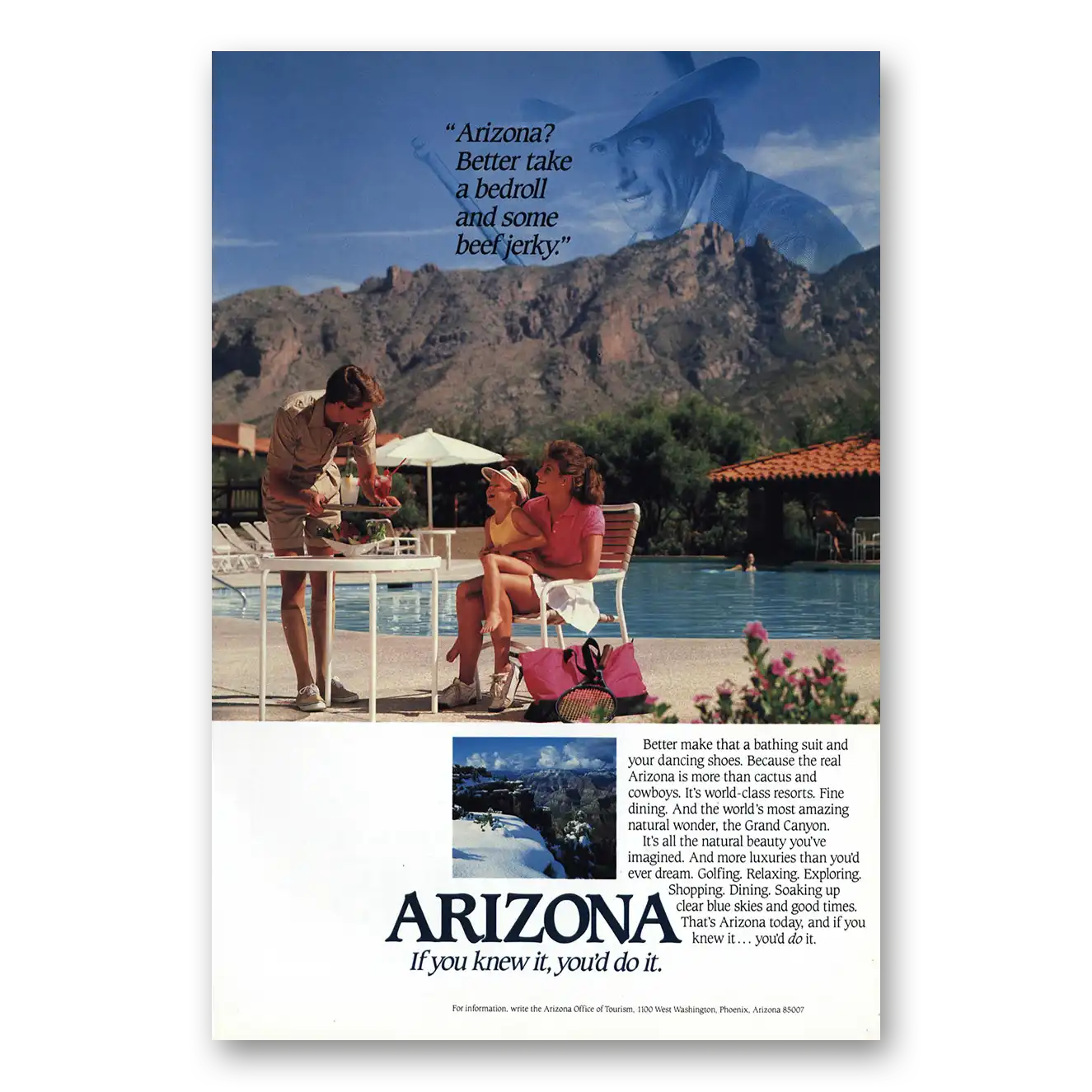 1988 Arizona Better Take a Bedroll and Some Beef Jerky Vintage Magazine Print Ad