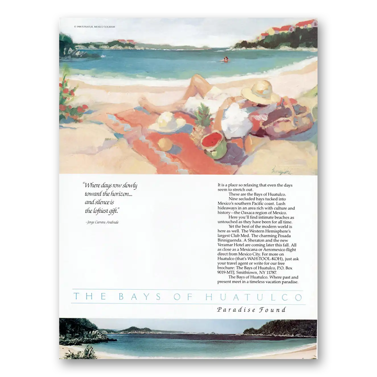 1988 Mexico Bays of Huatulco Paradise Island Days Row Slowly Vintage Magazine Print Ad