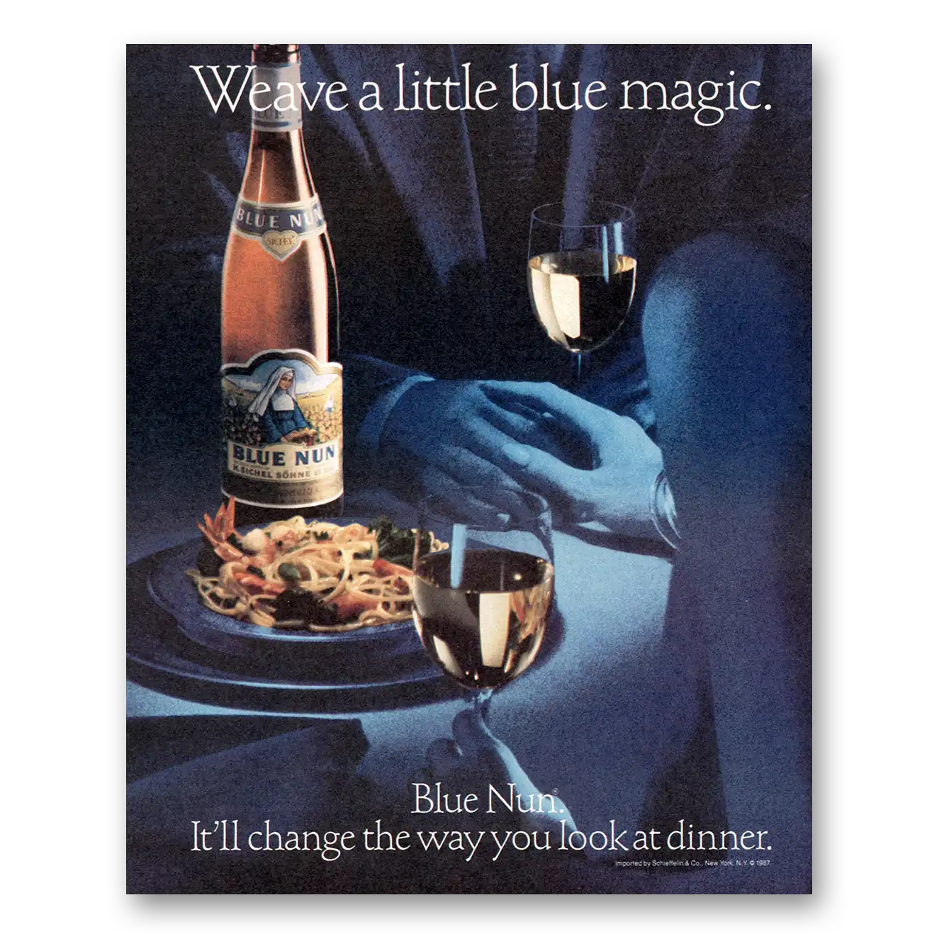 1988 Blue Nun Wine Weave a Little Blue Magic Vintage Magazine Print Ad