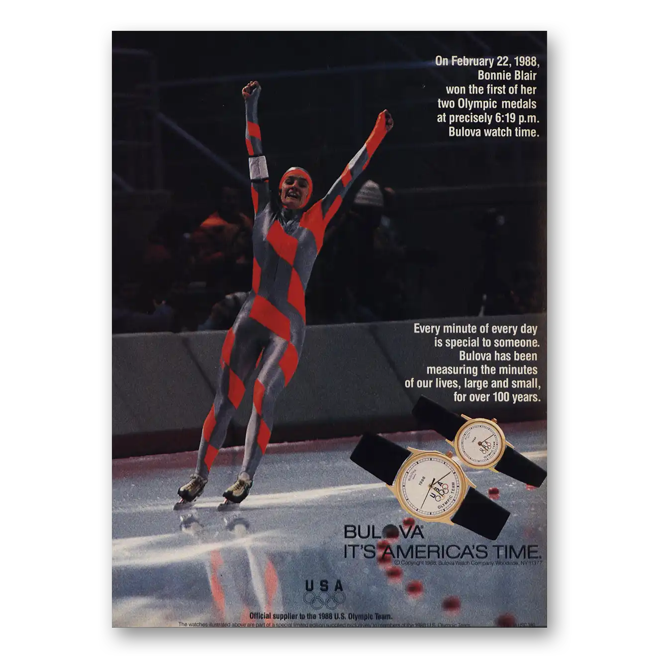 1988 Bulova Watch Bonnie Blair Olympics Vintage Magazine Print Ad