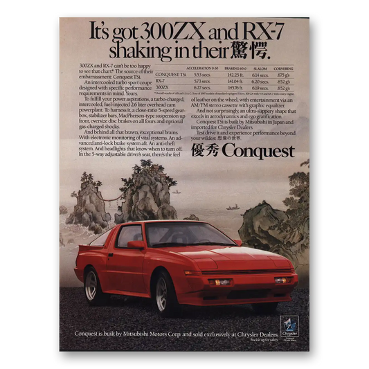 1988 Chrysler Conquest Bot 300ZX and RX7 Shaking Vintage Magazine Print Ad