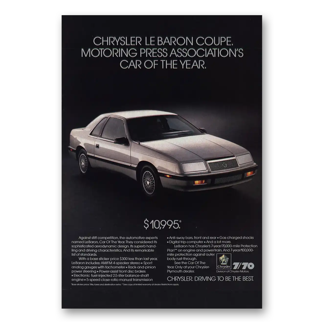 1988 Chrysler LeBaron Car of the Year Vintage Magazine Print Ad