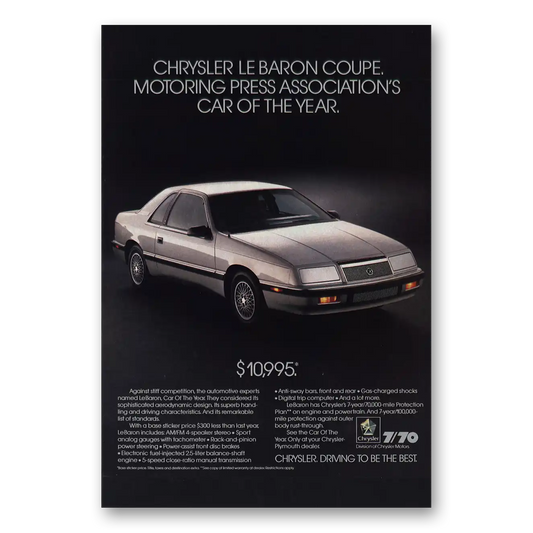 1988 Chrysler LeBaron Car of the Year Vintage Magazine Print Ad