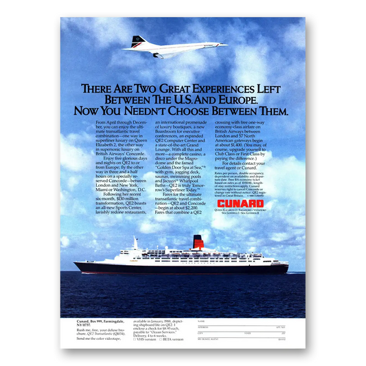 1988 Cunard Two Great Experiences Left Concorde Vintage Magazine Print Ad