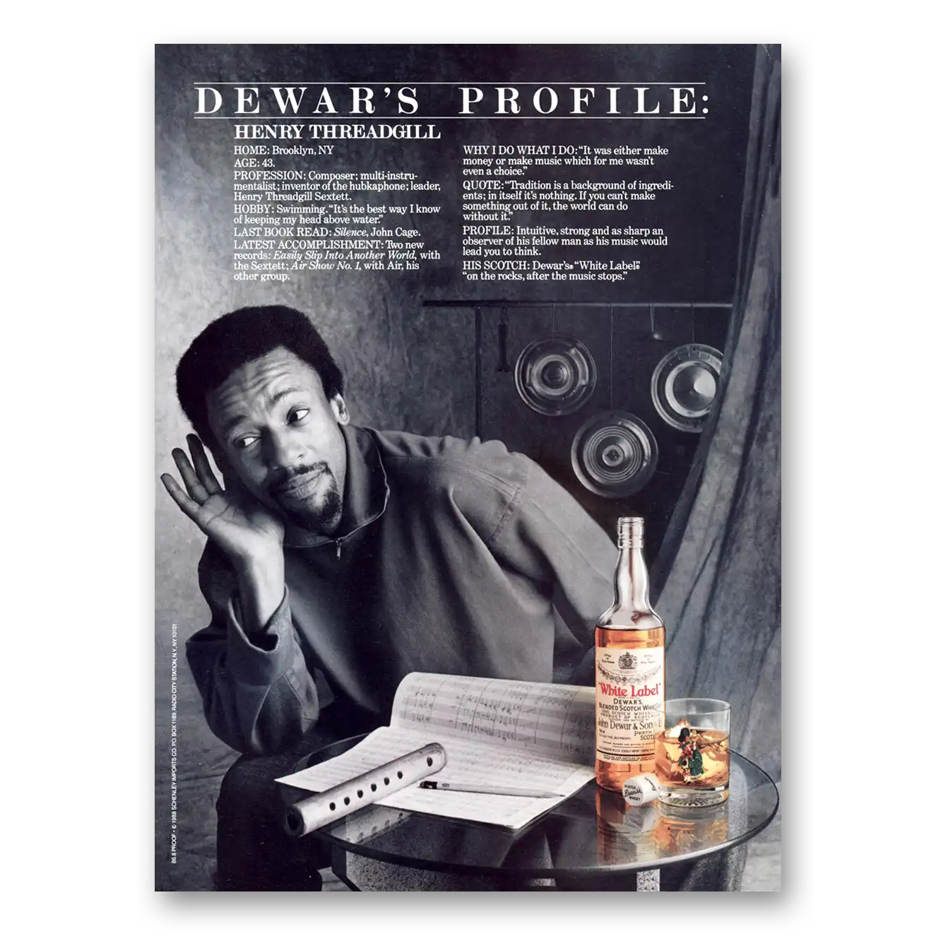 1988 Dewars White Label Henry Threadgill Vintage Magazine Print Ad