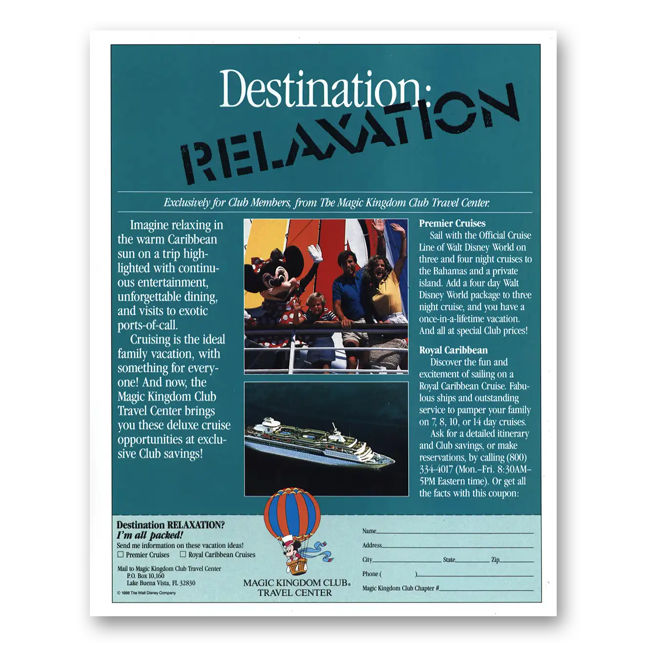 1988 Magic Kingdom Club Destination Relaxation Vintage Magazine Print Ad