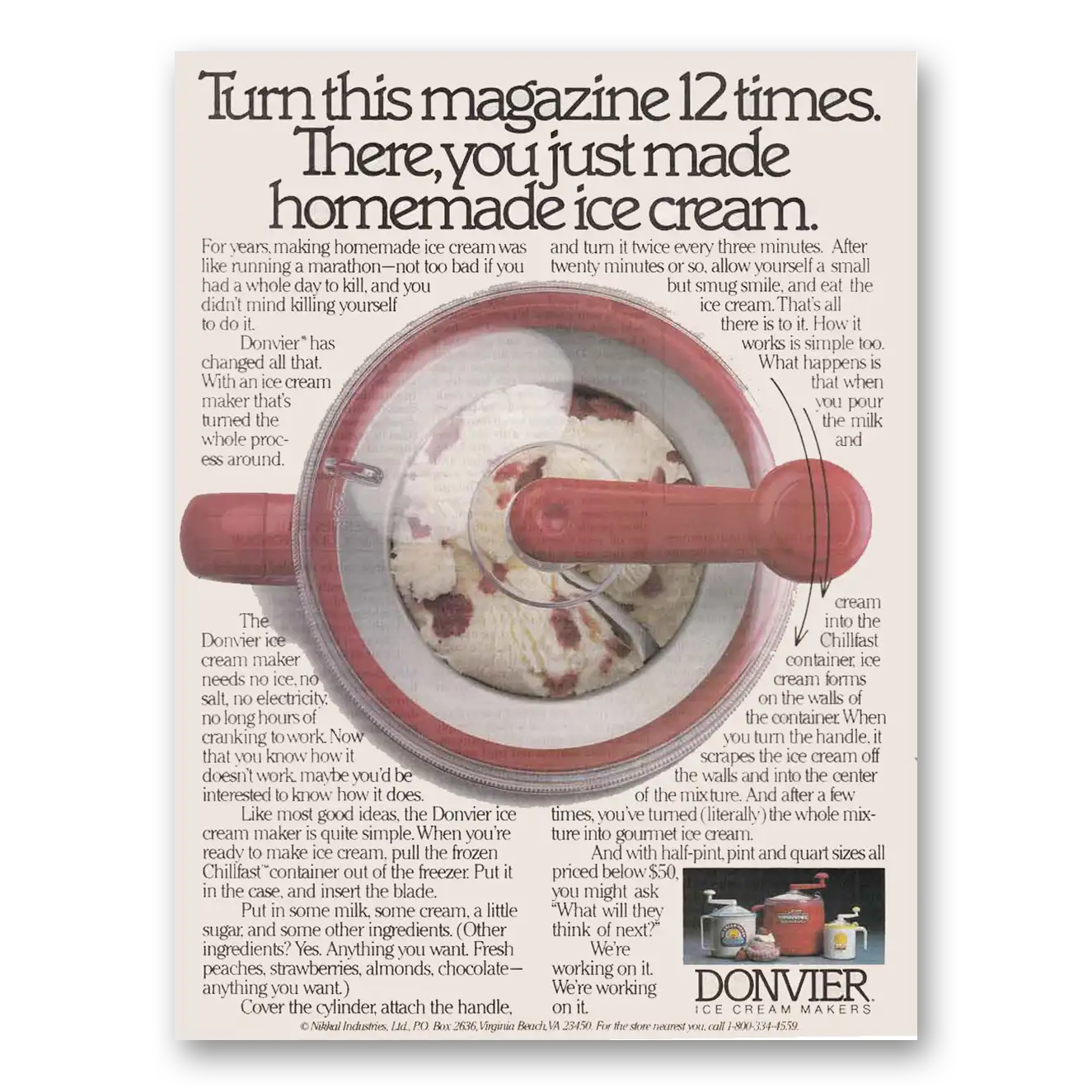 1988 Donvier Ice Cream Maker Turn This Magazine Vintage Magazine Print Ad