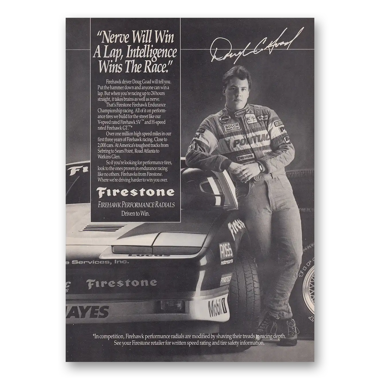 1988 Firestone Tires Nerve Will Win a Lap Dan Goad Vintage Magazine Print Ad