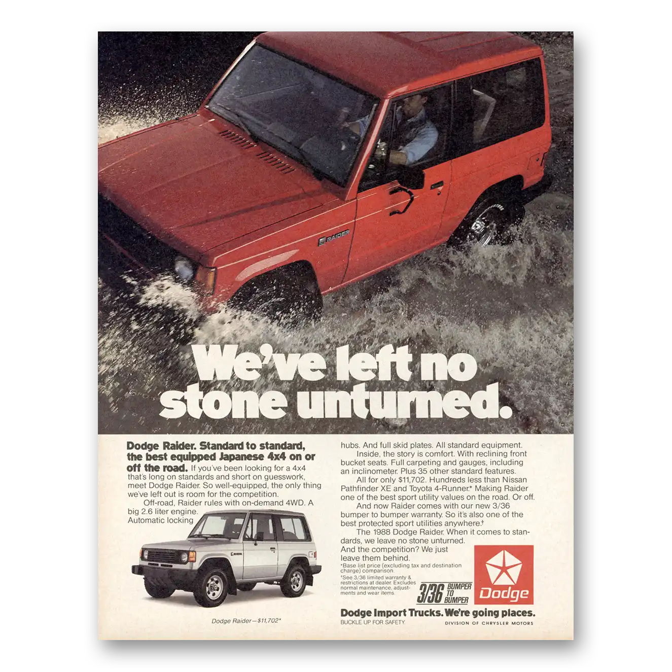 1988 Dodge Raider We've Left No Stone Unturned Vintage Magazine Print Ad